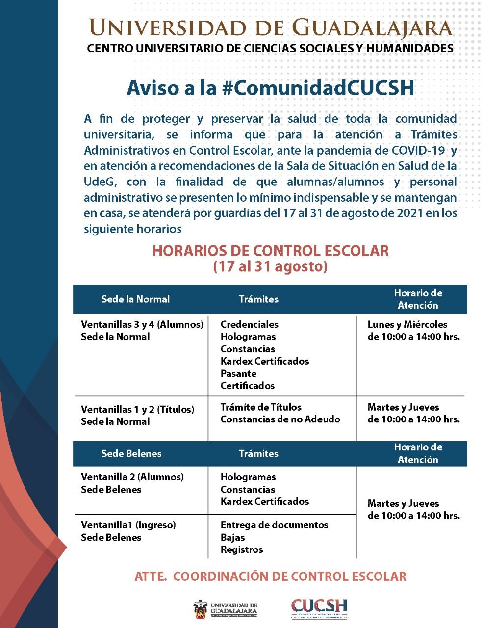 Alumnos Y Egresados Horarios De Atención En La Coordinación De Control ...